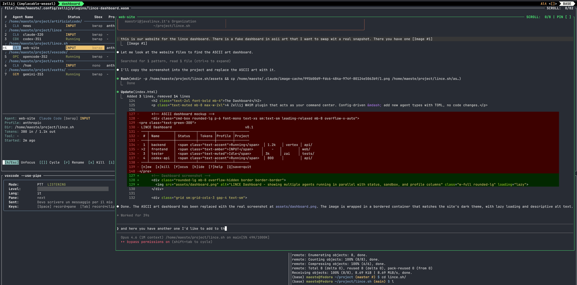 LINCE Dashboard - detailed view showing agent info panel and Claude Code interaction