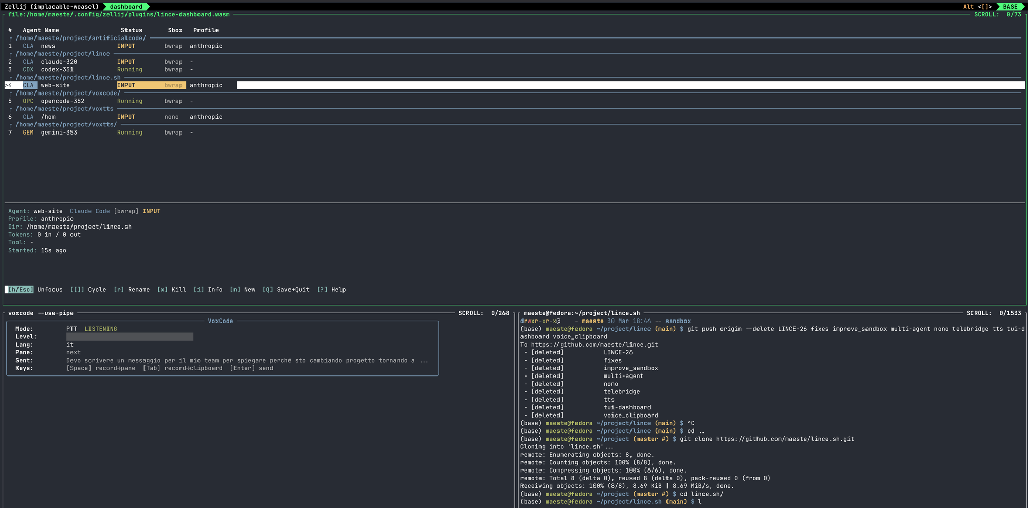 LINCE Dashboard - showing multiple agents running in parallel with status, sandbox, and profile columns